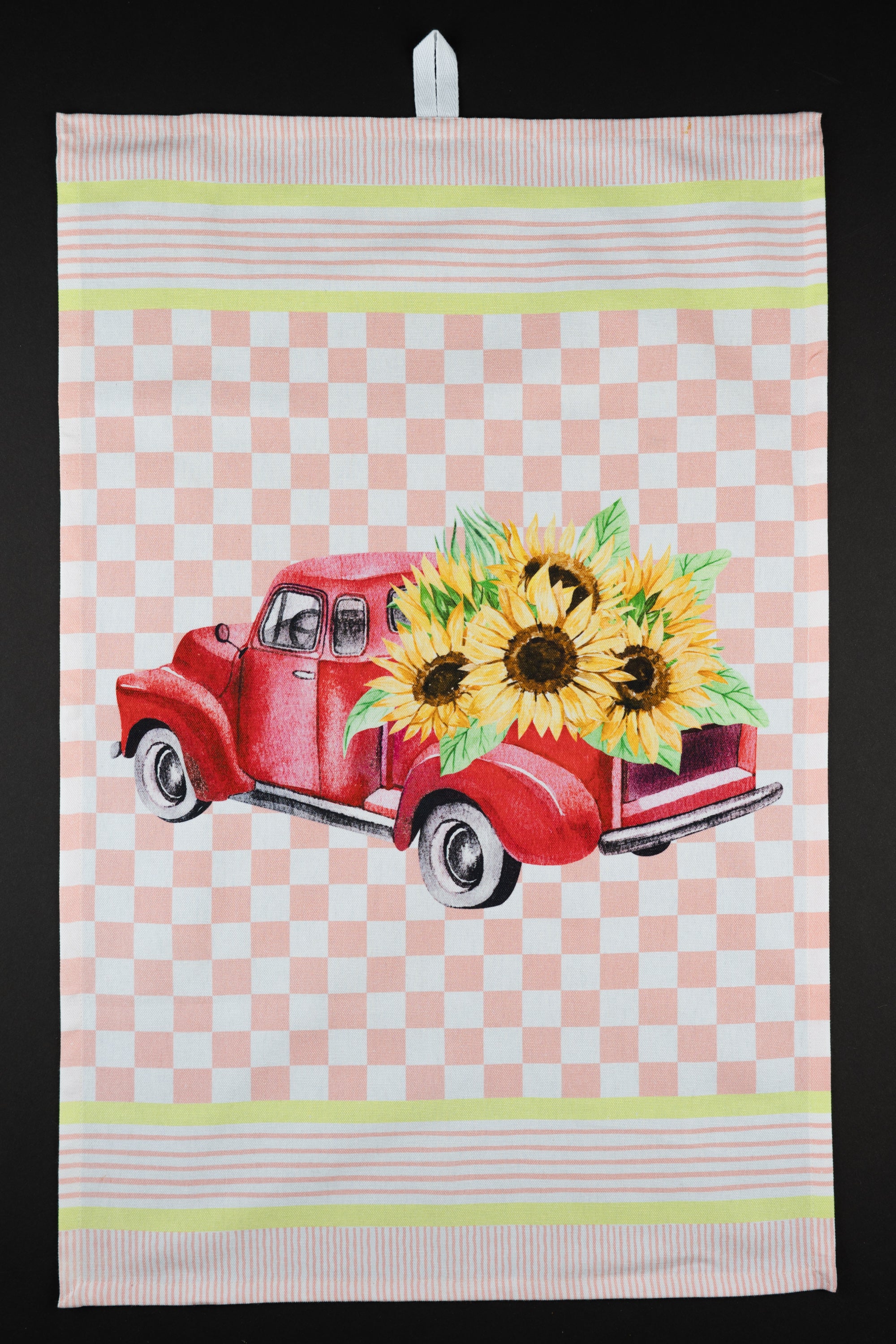 Flower Truck Tea Towel with Pink Checks