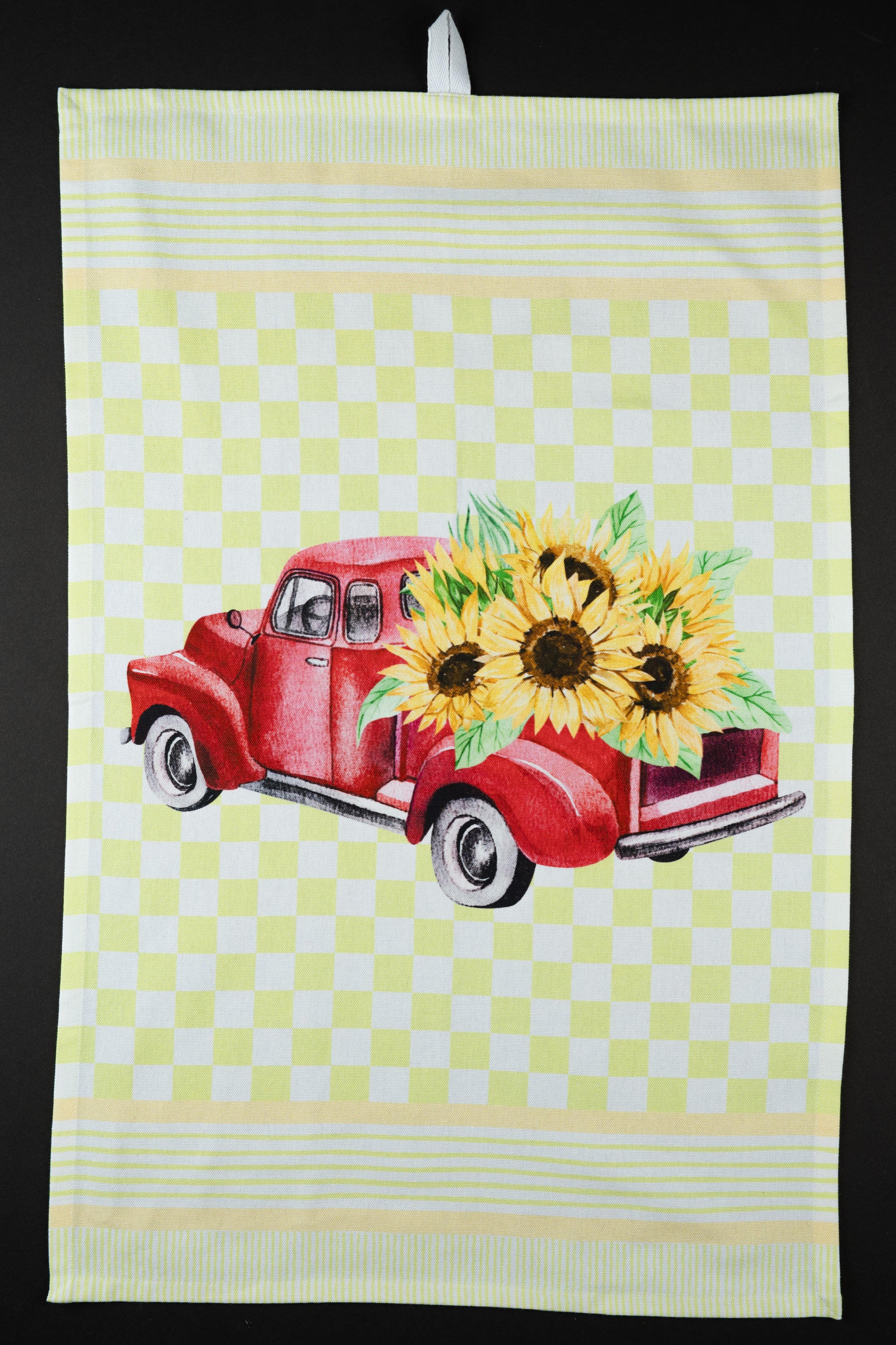 Flower Truck Tea Towel with Green Checks